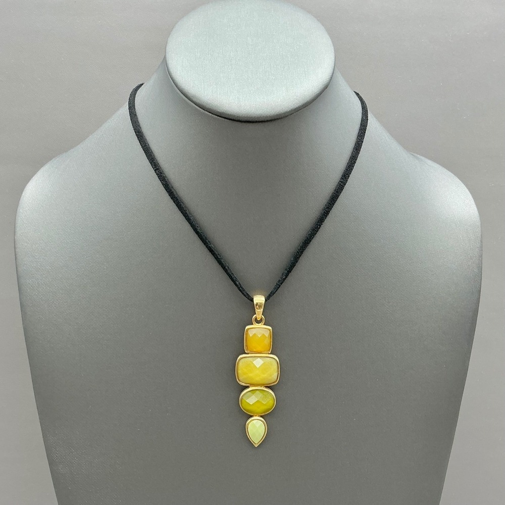 Lia Sophia Necklace Womens Gold Tone Yellow Green Faux Stone Black Cord 16-18"
